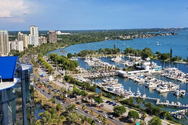 Aerial view of Marina Jacks and downtown Sarasota and Sarasota Bay